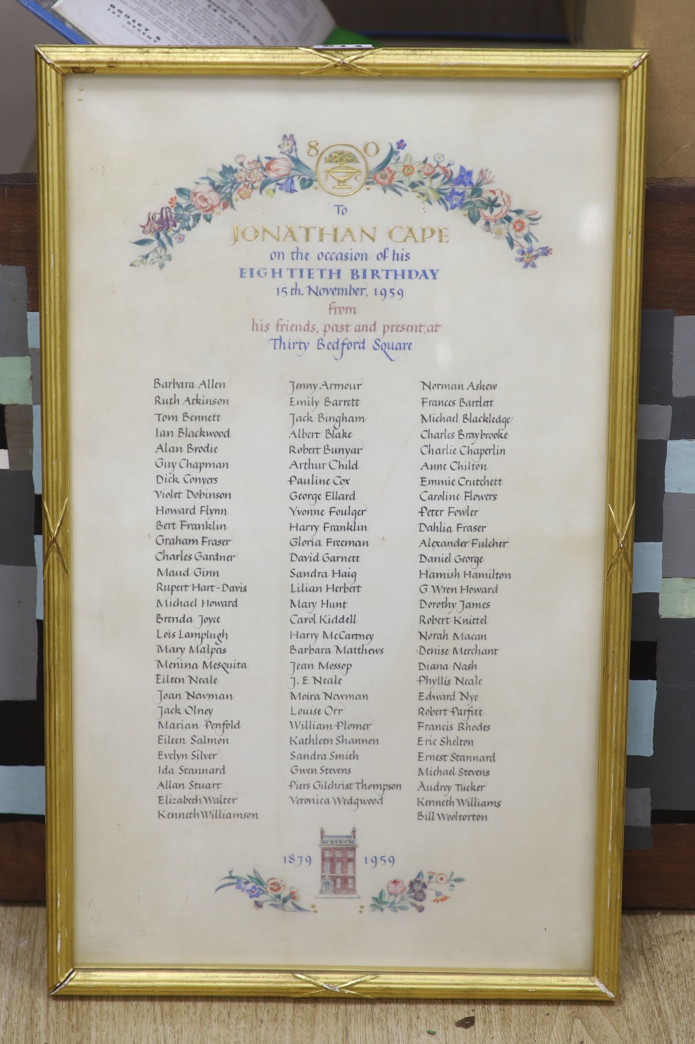 An illuminated manuscript for Jonathan Cape's 80th birthday with list of all members of staff at the time, 50 x 29cm